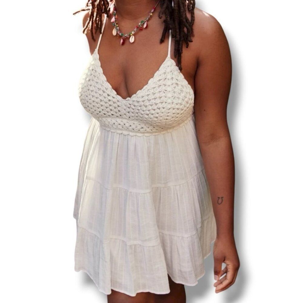 aerie Cream Crochet Bust Tiered Mini Dress